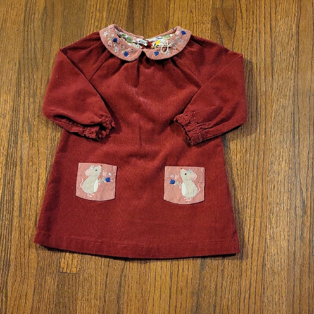 Baby Boden Red Corduroy Dress with Embroidered Collar